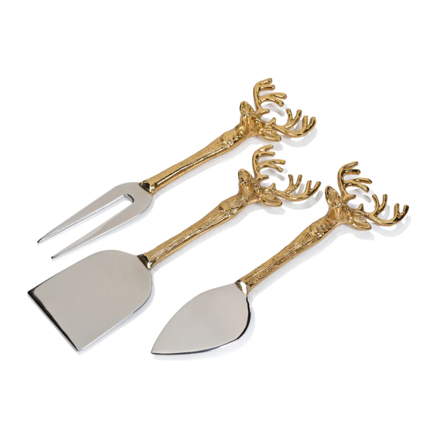 Stag Head Fromage 3pc Serving Set Brass Stainless Steel