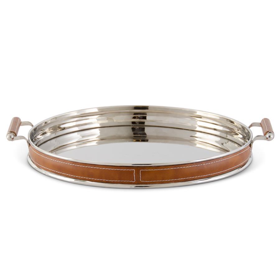 18.5" Silver Brown Leather Round Handle Tray