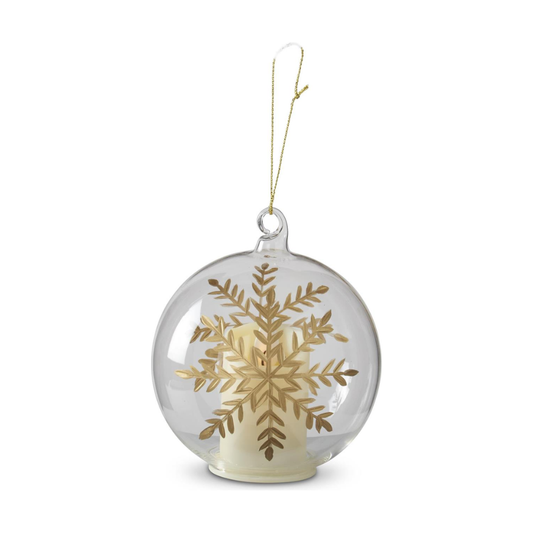 4 Inch LED Clear Glass Gold Etched Snowflake Ornament w/Timer